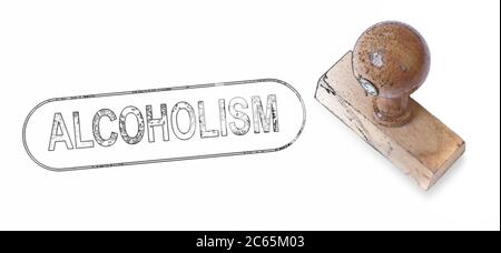 Draufsicht auf einen Stempel mit einem riesigen Wort "Alkoholismus" gedruckt, isoliert auf weißem Hintergrund. Stockfoto
