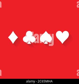 Poker Karten Farben - Herzen, Keulen, Pik und Diamanten - auf rotem Hintergrund. Casino Glücksspiel Thema Vektor Illustration. Weiße Formen mit langen Schatteneffekten. Stock Vektor