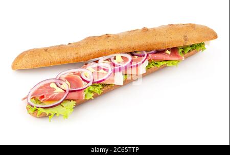Geöffnetes großes Baguette Schinken Sandwich auf weißem Hintergrund Stockfoto