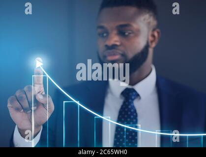 Geschäftsmann Zeichnung Business Growth Scheme Auf Blauem Hintergrund, Collage Stockfoto