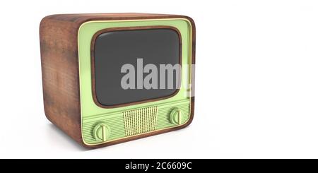 TV Retro, alte Vintage-Fernseher pastellgrün Farbe mit leeren Bildschirm isoliert vor weißem Hintergrund, 50er Jahre Nostalgie, Vorlage. 3d-Illustration Stockfoto