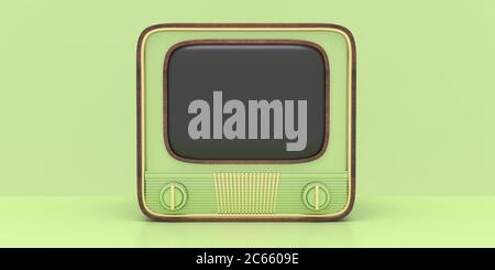 TV-Jahrgang. Retro alter Fernsehempfänger mit leerem leeren Bildschirm vor pastellgrünem Hintergrund, 50s Nostalgie, Vorlage. 3d-Illustration Stockfoto