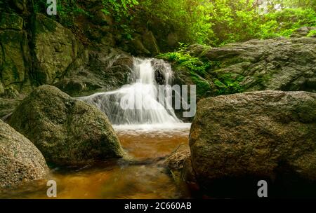 Schöner Wasserfall im Dschungel. Wasserfall im tropischen Wald mit grünem Baum und Sonnenlicht. Wasserfall fließt im Dschungel. Natur Hintergrund. Rock Stockfoto