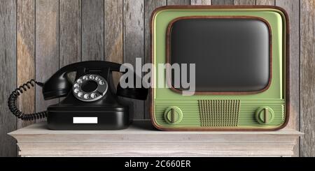 Vintage-Telefon und TV. Altmodisches Telefon und Fernseher im Retro-Stil auf Holztisch, Hintergrund mit Holzwänden. 3d-Illustration Stockfoto