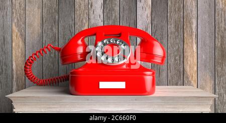 Telefon im Vintage-Stil. Rotes altmodisches Telefon im Retro-Stil auf Holztisch, Hintergrund mit Holzwänden. 3d-Illustration Stockfoto