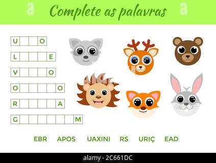 Vervollständigen Sie als palavras - Vervollständigen Sie die Wörter, schreiben fehlende Buchstaben. Passende pädagogische Spiel für Kinder mit niedlichen Tieren. Seite „Bildungsaktivitäten“ Stock Vektor