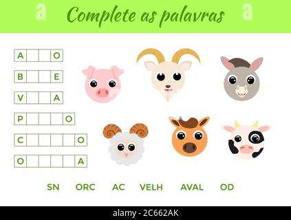 Vervollständigen Sie als palavras - Vervollständigen Sie die Wörter, schreiben fehlende Buchstaben. Passende pädagogische Spiel für Kinder mit niedlichen Tieren. Seite „Bildungsaktivitäten“ Stock Vektor