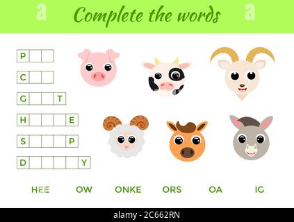 Passende pädagogische Spiel für Kinder mit niedlichen Tieren. Schreiben Sie fehlende Buchstaben und vollständige Wörter. Seite für pädagogische Aktivität für Englisch lernen. Stock Vektor