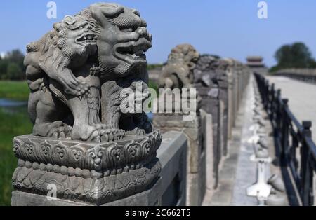 Peking. Juli 1937. Das Foto vom 7. Juli 2020 zeigt die steinernen Löwen an der Lugou-Brücke in Peking, der Hauptstadt Chinas. Am 7. Juli 1937 griffen japanische Soldaten chinesische Streitkräfte an der Lugou-Brücke an, auch bekannt als Marco Polo-Brücke, was den Beginn der japanischen Invasion in China und der achtjährigen Gräueltaten der japanischen Armee an chinesischen Zivilisten markierte. Quelle: Zhang Chenlin/Xinhua/Alamy Live News Stockfoto