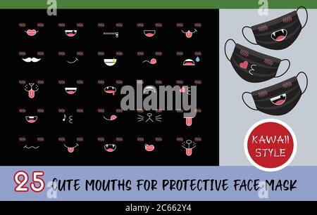 25 Süße Münder für schwarze medizinische Gesichtsmaske. Kawaii-Stil. Lustige Cartoon japanische Emoticons. Alle Elemente befinden sich auf separaten Ebenen. Vektorgrafik. Stock Vektor
