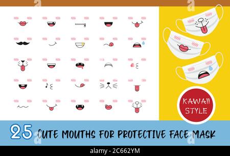 25 Süße Münder für medizinische Gesichtsmaske. Kawaii-Stil. Lustige Cartoon japanische Emoticons. Alle Elemente befinden sich auf separaten Ebenen. Vektorgrafik. Stock Vektor