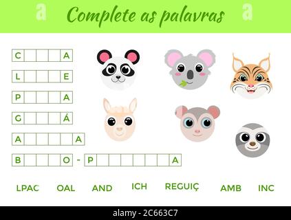 Vervollständigen Sie als palavras - Vervollständigen Sie die Wörter, schreiben fehlende Buchstaben. Passende pädagogische Spiel für Kinder mit niedlichen Tieren. Seite „Bildungsaktivitäten“ Stock Vektor
