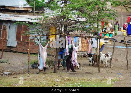 Arusha, Tansania - 21. Jan 2008: Lokale Metzger häuten und schneiden in einem ländlichen Fleischmarkt im Slum in der Nähe der Stadt Schlachtkörper der Ziegen Stockfoto