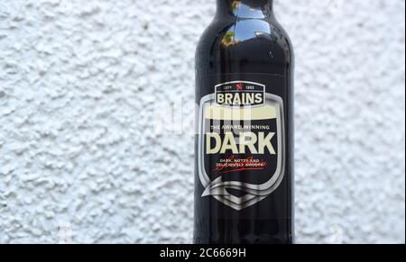 Dunkle Bierflasche aus Brains Brauerei auf hellem texturierten Hintergrund. Stockfoto