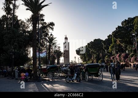 Koutoubia Moschee mit Pferdekutschen, Marrakesch, Marokko Stockfoto