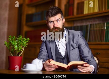 Bärtiger Mann in schickem Anzug mit Teekanne. Aristokrat sitzt in luxuriöser Innenausstattung und liest Buch. Reifer Mann mit nachdenklichen Gesicht genießt Lesen. Literatur, Klassiker, Gedanken, Träume, Nachmittagstee Konzept. Stockfoto