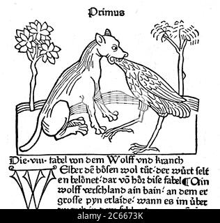 Die Fabel des Wolfes und des Kranichs, aus dem Buch und dem Leben des Fabulisten Aesopi, 1475, der Wolf und der Kranich, Lupus et Gruis / die Fabel von dem Wolf und dem Kranich, aus dem Buch und Leben des Fabeldichters Aesopi, 1475, der Wolf und der Kranich, Lupus et Gruis, Historisch, historisch, digital verbesserte Reproduktion eines Originals aus dem 19. Jahrhundert / digitale Reproduktion einer Originalvorlage aus dem 19. Jahrhundert Stockfoto