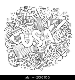 USA Hand Schriftzug und kritzeln Elemente Hintergrund Stock Vektor