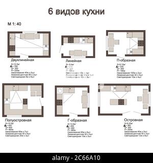 Apartment Layout - 6 Arten von Küche Plan Set Stockfoto