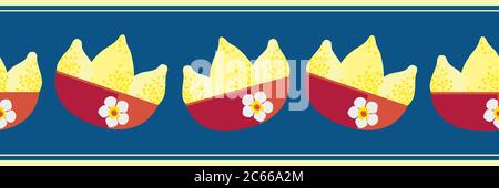 Vektor-Bordüre mit strukturierten Zitronen in roten Blumenschalen. Nahtloser Zitrusfrucht-Banner mit Platz für Text auf marineblauer Kulisse mit Streifeneinfassung Stock Vektor