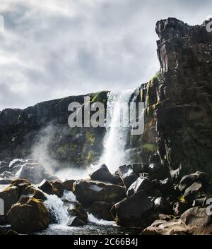 Öxarárfoss Wasserfall oder Oxararfoss Wasserfall im Thingvellir Nationalpark im goldenen Kreis, island, Skandinavien, Europa Stockfoto