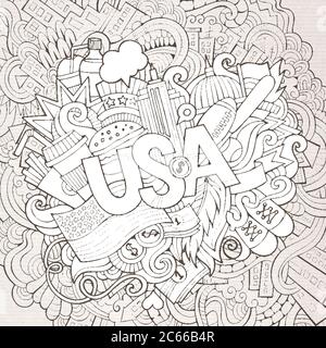 USA Hand Schriftzug und kritzeln Elemente Hintergrund Stock Vektor