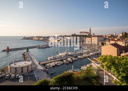 Blick über den Hafen, Kirche des Heiligen Georg im Hintergrund, Piran, Slowenisches Küstenland, Istrien, Slowenien Stockfoto