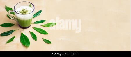 Matcha grüner Tee Latte in einer Tasse mit Blättern wie eine Sonne. Leerzeichen für Text. Superfood gesunde Getränke. Banner. Leerzeichen für Text Stockfoto