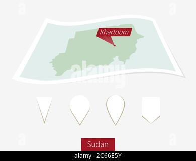 Gebogene Papierkarte des Sudan mit Hauptstadt Khartum auf grauem Hintergrund. Vier verschiedene Kartenstiftaufsatz. Vektorgrafik. Stock Vektor