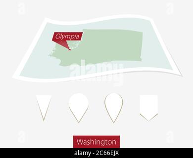 Gebogene Papierkarte des Staates Washington mit Hauptstadt Olympia auf grauem Hintergrund. Vier verschiedene Kartenstiftaufsatz. Vektorgrafik. Stock Vektor