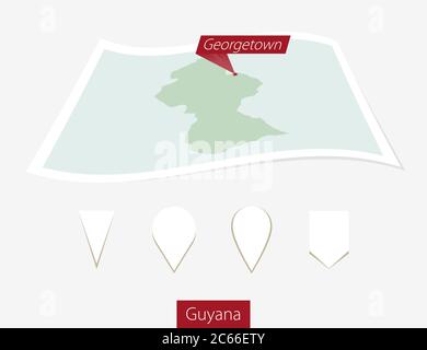 Gebogene Papierkarte von Guyana mit Hauptstadt Georgetown auf grauem Hintergrund. Vier verschiedene Kartenstiftaufsatz. Vektorgrafik. Stock Vektor