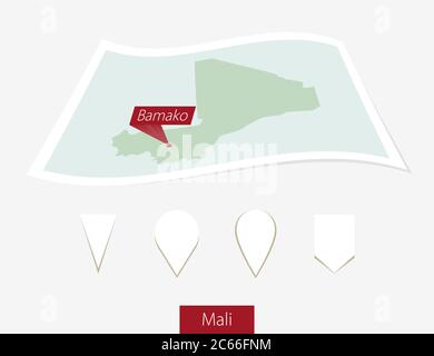 Gebogene Papierkarte von Mali mit Hauptstadt Bamako auf grauem Hintergrund. Vier verschiedene Kartenstiftaufsatz. Vektorgrafik. Stock Vektor