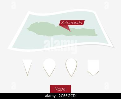 Gebogene Papierkarte von Nepal mit Hauptstadt Kathmandu auf grauem Hintergrund. Vier verschiedene Kartenstiftaufsatz. Vektorgrafik. Stock Vektor