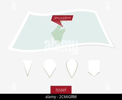 Gebogene Papierkarte von Israel mit Hauptstadt Jerusalem auf grauem Hintergrund. Vier verschiedene Kartenstiftaufsatz. Vektorgrafik. Stock Vektor