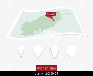 Gewölbte Papierkarte von Afghanistan mit Hauptstadt Kabul auf grauem Hintergrund. Vier verschiedene Kartenstiftaufsatz. Vektorgrafik. Stock Vektor