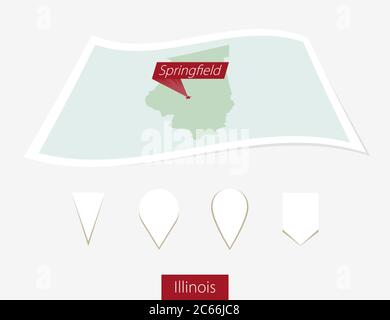 Gebogene Papierkarte des Illinois Staates mit Hauptstadt Springfield auf grauem Hintergrund. Vier verschiedene Kartenstiftaufsatz. Vektorgrafik. Stock Vektor