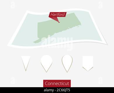 Gebogene Papierkarte von Connecticut Staat mit Hauptstadt Hartford auf grauem Hintergrund. Vier verschiedene Kartenstiftaufsatz. Vektorgrafik. Stock Vektor