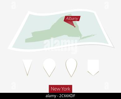 Gebogene Papierkarte des Staates New York mit Hauptstadt Albany auf grauem Hintergrund. Vier verschiedene Kartenstiftaufsatz. Vektorgrafik. Stock Vektor