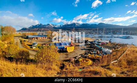 Blick auf den Hafen, Ushuaia, Argentinien Stockfoto