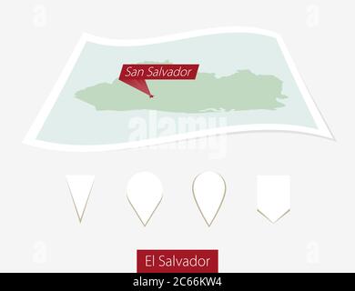 Gebogene Papierkarte von El Salvador mit Hauptstadt San Salvador auf grauem Hintergrund. Vier verschiedene Kartenstiftaufsatz. Vektorgrafik. Stock Vektor