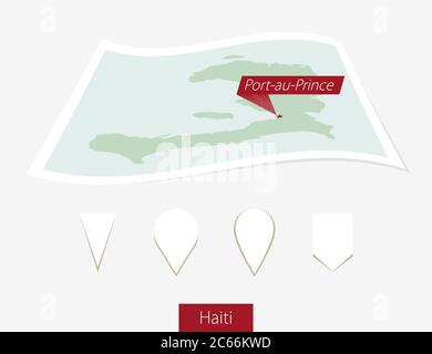 Gebogene Papierkarte von Haiti mit Hauptstadt Port-au-Prince auf grauem Hintergrund. Vier verschiedene Kartenstiftaufsatz. Vektorgrafik. Stock Vektor