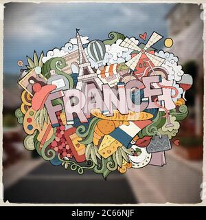 Cartoon Vektor Hand gezeichnet Doodle Frankreich Wort Illustration Stock Vektor