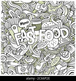 Fast Food Hand Schriftzug und Kritzelemente Elemente Hintergrund Stock Vektor