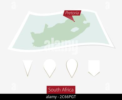 Gebogene Papierkarte von Südafrika mit Hauptstadt Pretoria auf grauem Hintergrund. Vier verschiedene Kartenstiftaufsatz. Vektorgrafik. Stock Vektor