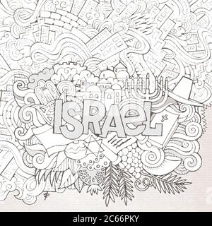 Israel Hand Schriftzug und kritzeln Elemente Hintergrund. Vektorgrafik Stock Vektor