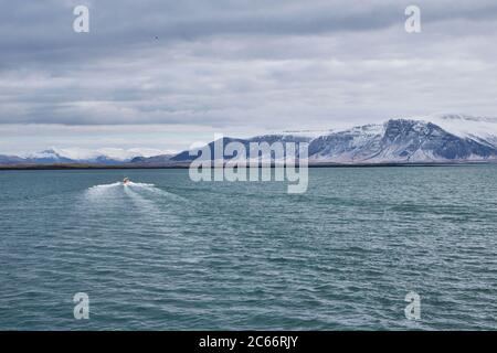 Island, Reykjavik Harbour, Bootstour, Walbeobachtung, Boot und Berge in der Ferne Stockfoto