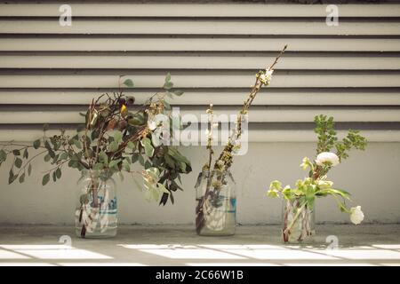 Sequenz von Vasen und Gläsern mit vielen Blumensträußen aus Blättern Stockfoto