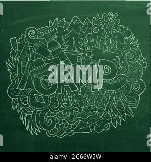 Sommer Camp Hand Schriftzug und Kritzelelemente Hintergrund Stock Vektor