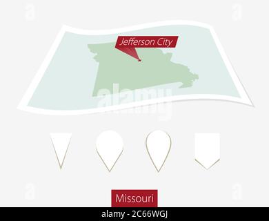 Gebogene Papierkarte des Staates Missouri mit Hauptstadt Jefferson City auf grauem Hintergrund. Vier verschiedene Kartenstiftaufsatz. Vektorgrafik. Stock Vektor