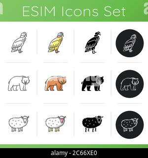Symbole für Tierarten gesetzt. Farbstile für Linear-, Schwarz- und RGB-Farben. Braunbär, Gemeine Schafe und Kondor. Säugetiere und Vögel. Vielfältige Tierwelt, exotische und ordi Stock Vektor